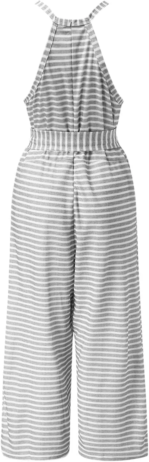Womens Summer Sets Striped Sleeveless Boe Belt Jumpsuit with Pockets Y2k Stylish Travel Clothes Women Church Outfits