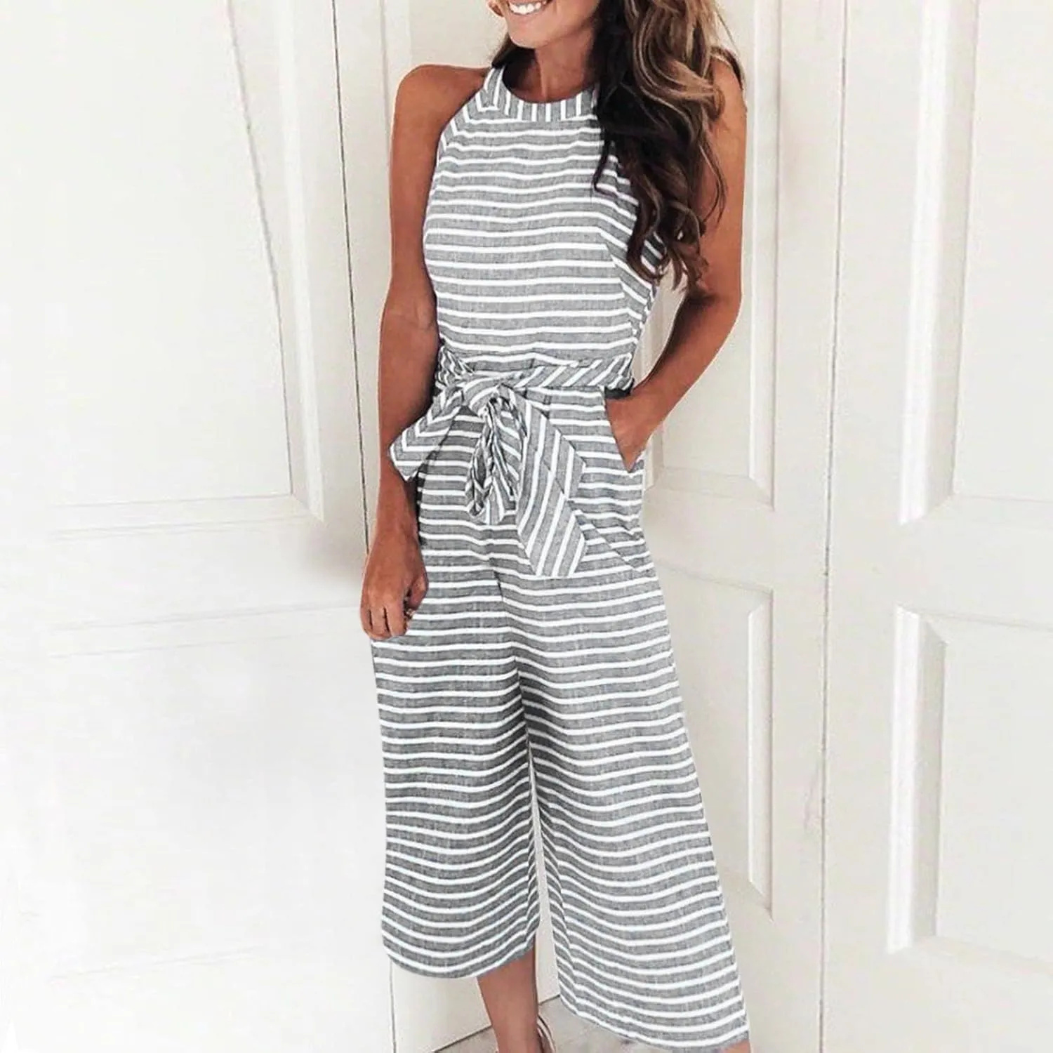 Womens Summer Sets Striped Sleeveless Boe Belt Jumpsuit with Pockets Y2k Stylish Travel Clothes Women Church Outfits