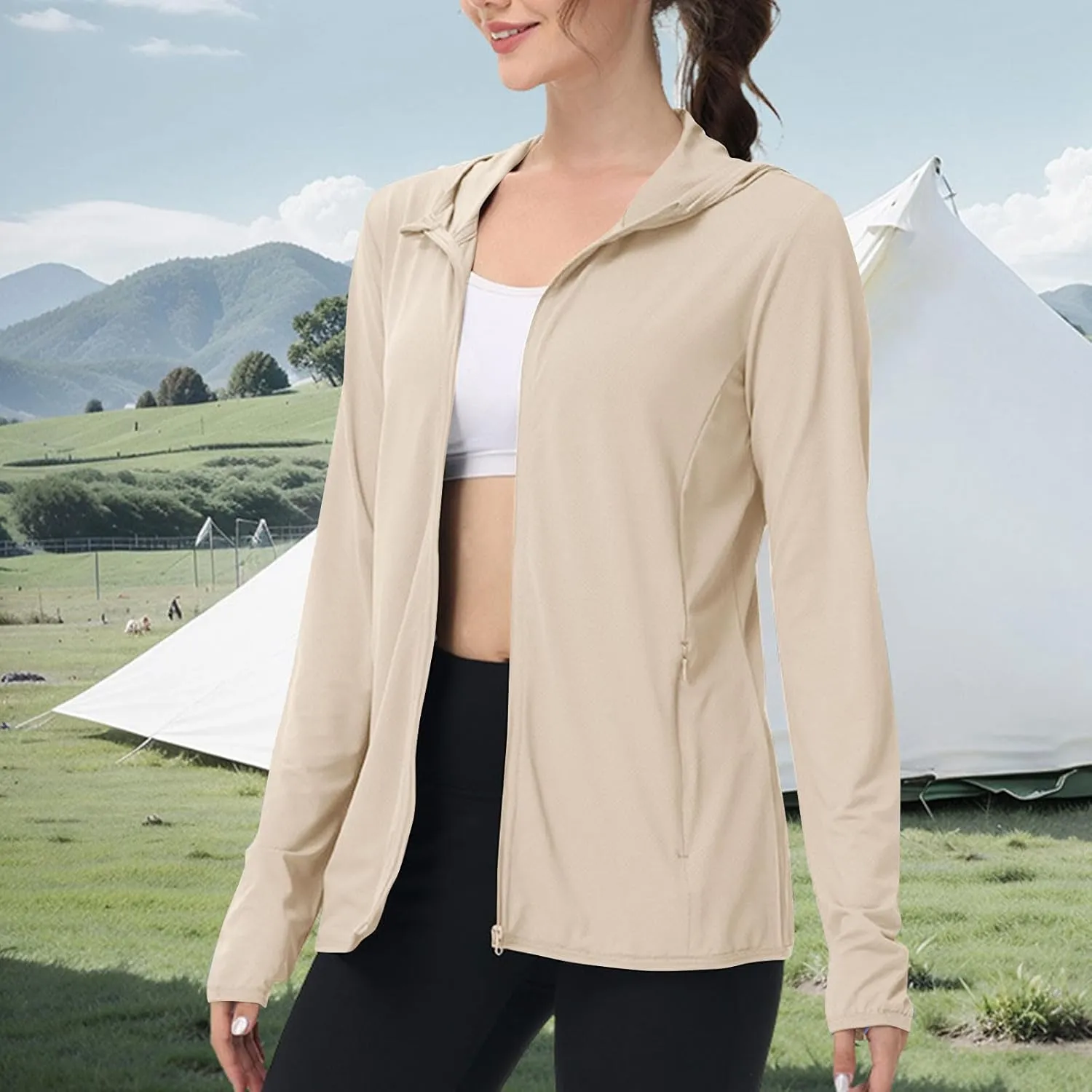 Womens Sun Shirts Full Zip UPF 50  Protection Hoodie Jacket Long Sleeve Summer Hiking Outdoor Lightweight Jackets