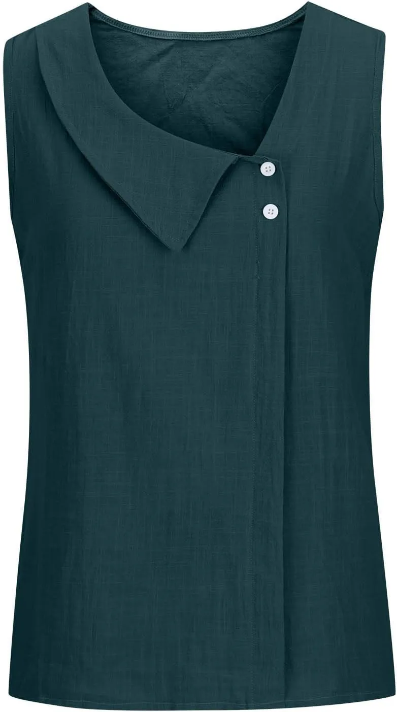 Womens Tank Tops Vintage Linen Button Slant Collar Sleeveless T-Shirts Summer Daily Wear Vest Blouse Tunic Top