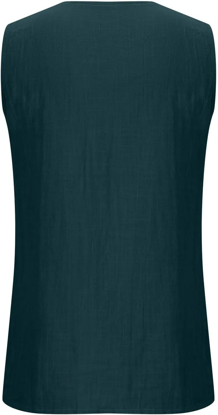 Womens Tank Tops Vintage Linen Button Slant Collar Sleeveless T-Shirts Summer Daily Wear Vest Blouse Tunic Top