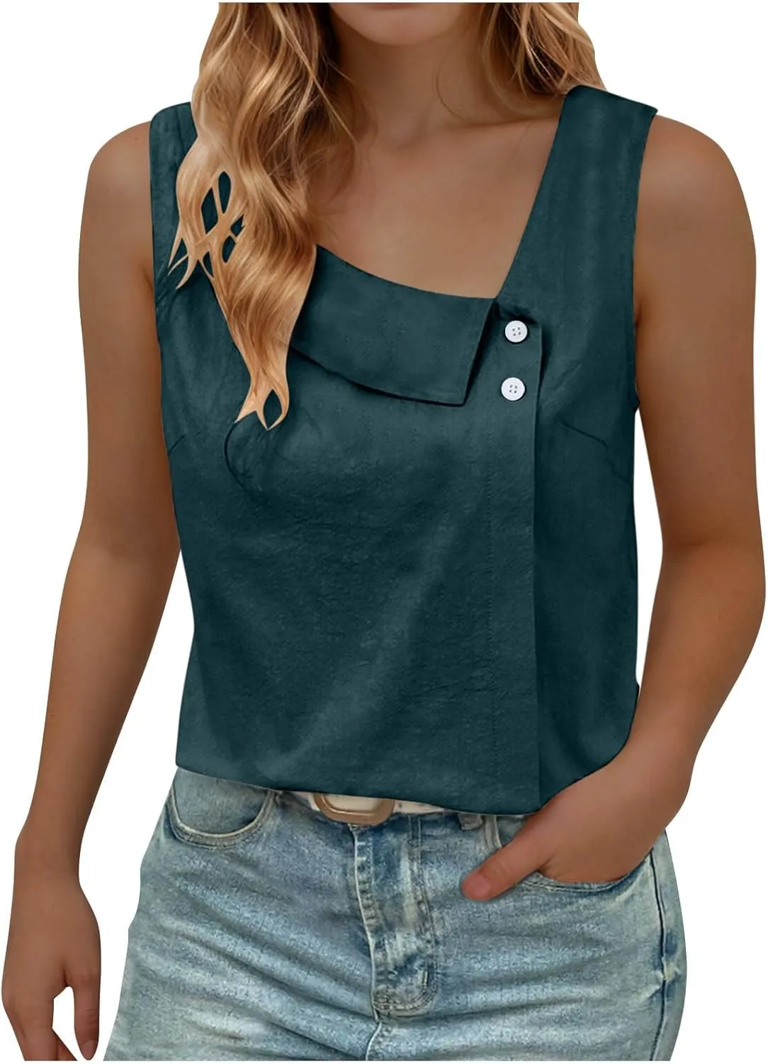 Womens Tank Tops Vintage Linen Button Slant Collar Sleeveless T-Shirts Summer Daily Wear Vest Blouse Tunic Top