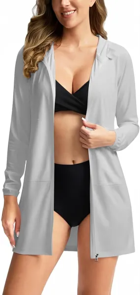 Women's UPF 50  Swim Cover Up Sun Protection Hoodie Long Jacket SPF Lightweight Performance Beach Coverups with Pocket