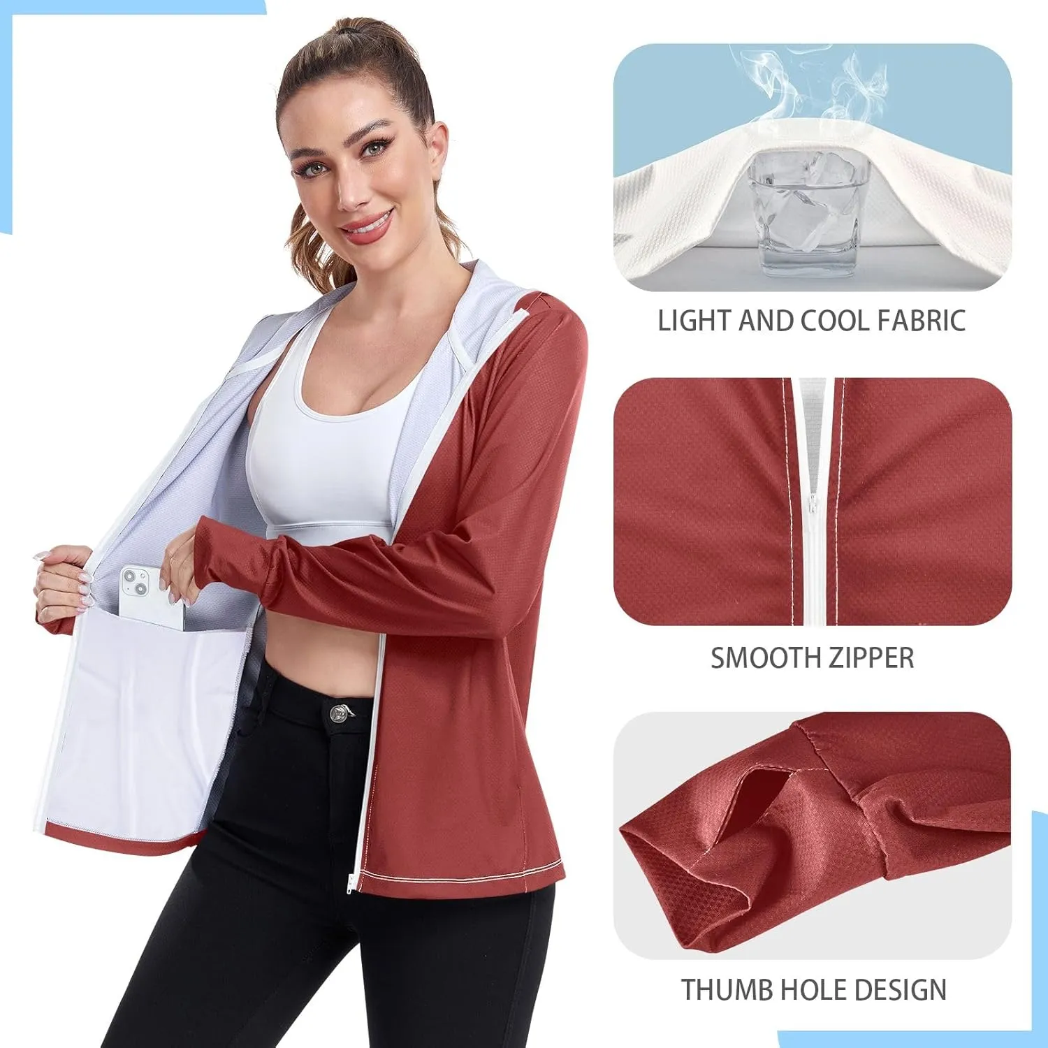 Womens UPF Hoodie Light Salmon Long Sleeve Sun Shirt for Women with Pocket Womens SPF 50 Shirts Long Sleeve Lightweight