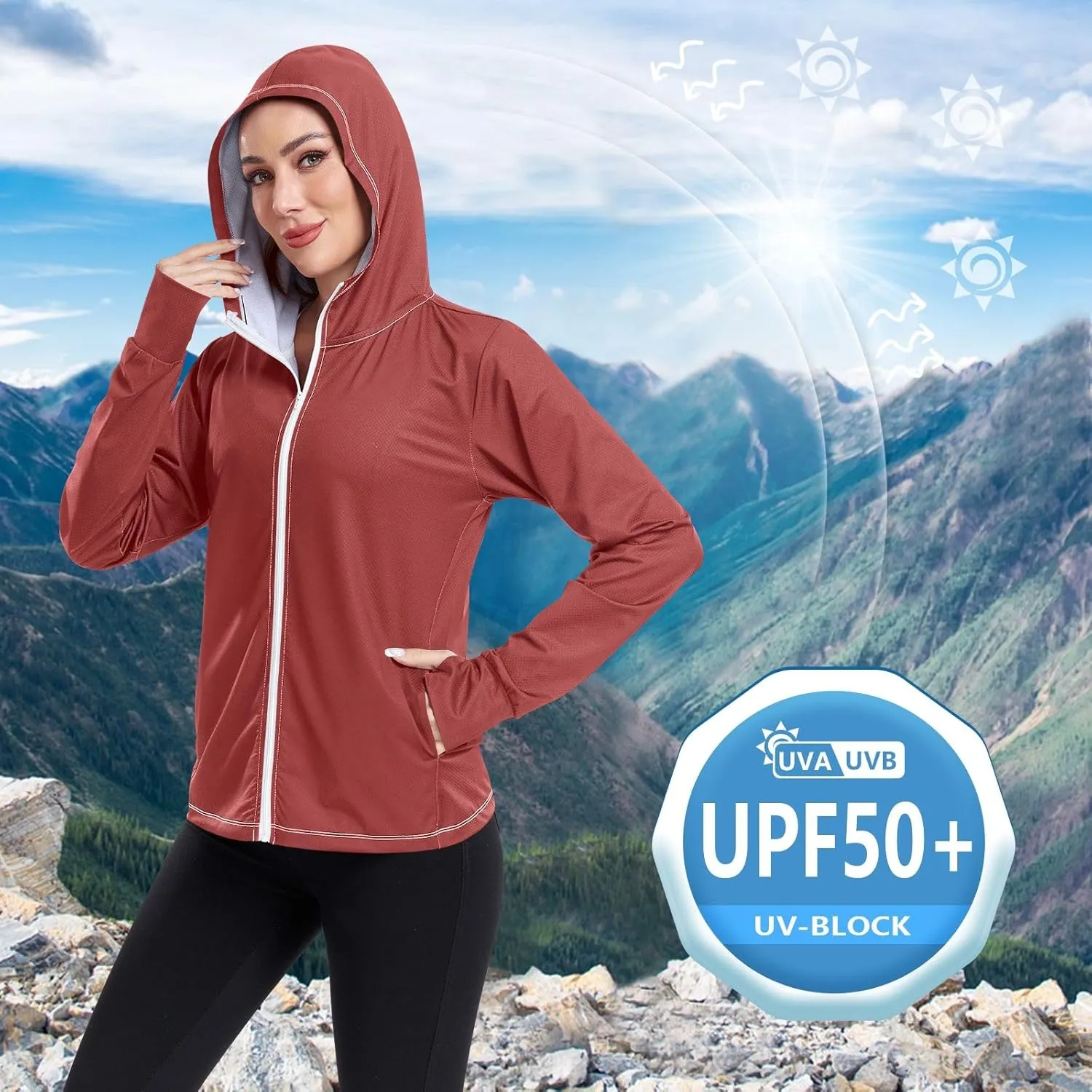 Womens UPF Hoodie Light Salmon Long Sleeve Sun Shirt for Women with Pocket Womens SPF 50 Shirts Long Sleeve Lightweight