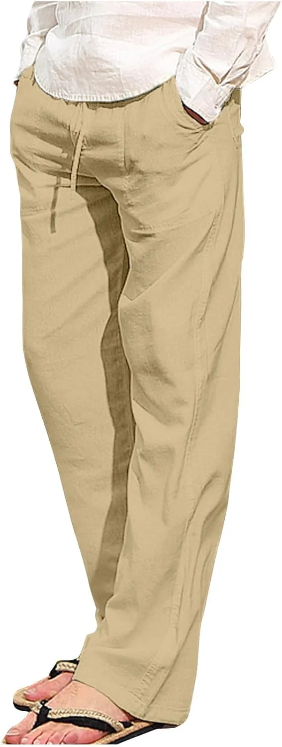 Xiaojmake Men Casual Linen Long Pants Elastic Waist Drawstring Fall Loose Fit Cotton Beach Pants Lounge Trousers with Pockets
