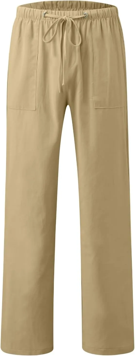 Xiaojmake Men Casual Linen Long Pants Elastic Waist Drawstring Fall Loose Fit Cotton Beach Pants Lounge Trousers with Pockets