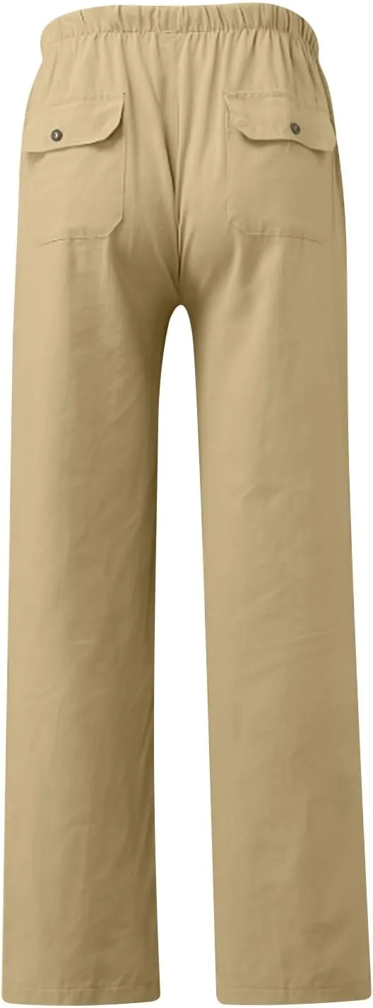 Xiaojmake Men Casual Linen Long Pants Elastic Waist Drawstring Fall Loose Fit Cotton Beach Pants Lounge Trousers with Pockets