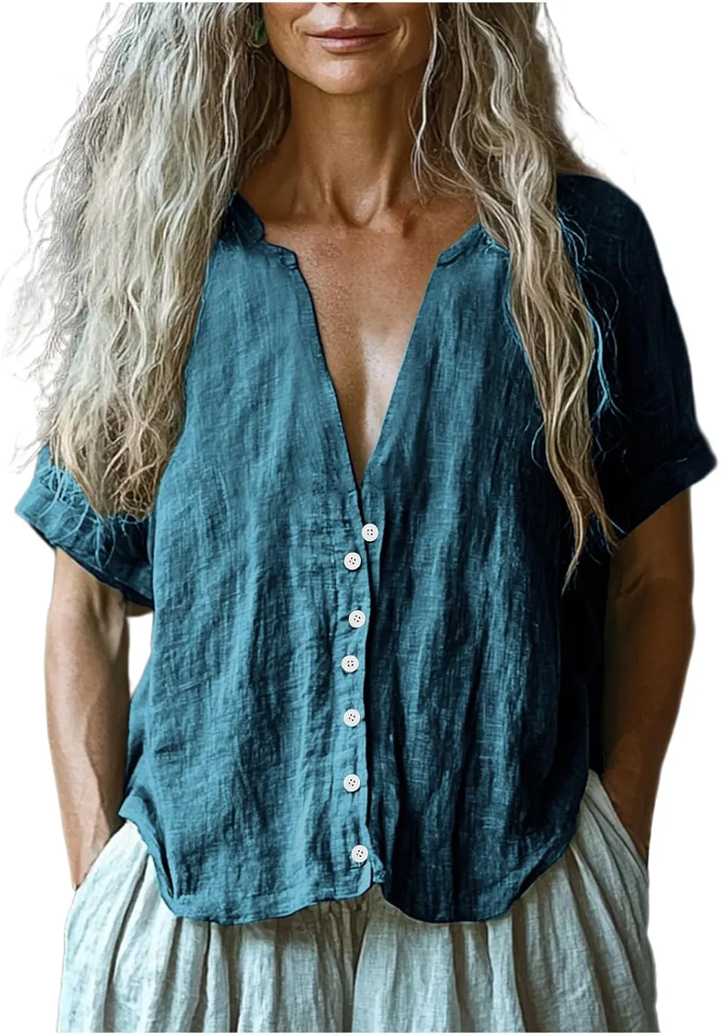 Xiaojmake Women 100% Linen Hawaiian Shirt Casual Short Sleeve Button Down Cotton Gauze Shirts Casual Beach Yoga Tunic Blouses