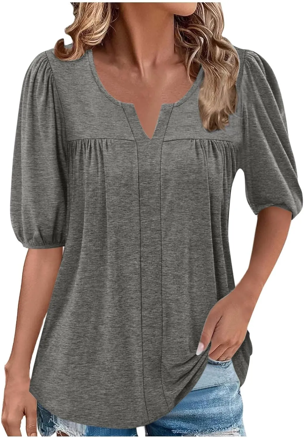 Xiaojmake Womens Summer Casual Tunic Tops Dressy 2025 Short Sleeve Pleated Trendy Shirts Casual Flowy Blouse for Leggings